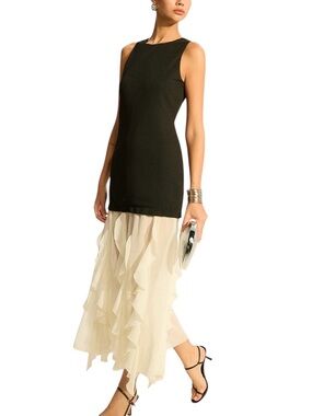Commense Black Ivory Ruffle Hem Maxi Dress Small Semi Sheer NWT
